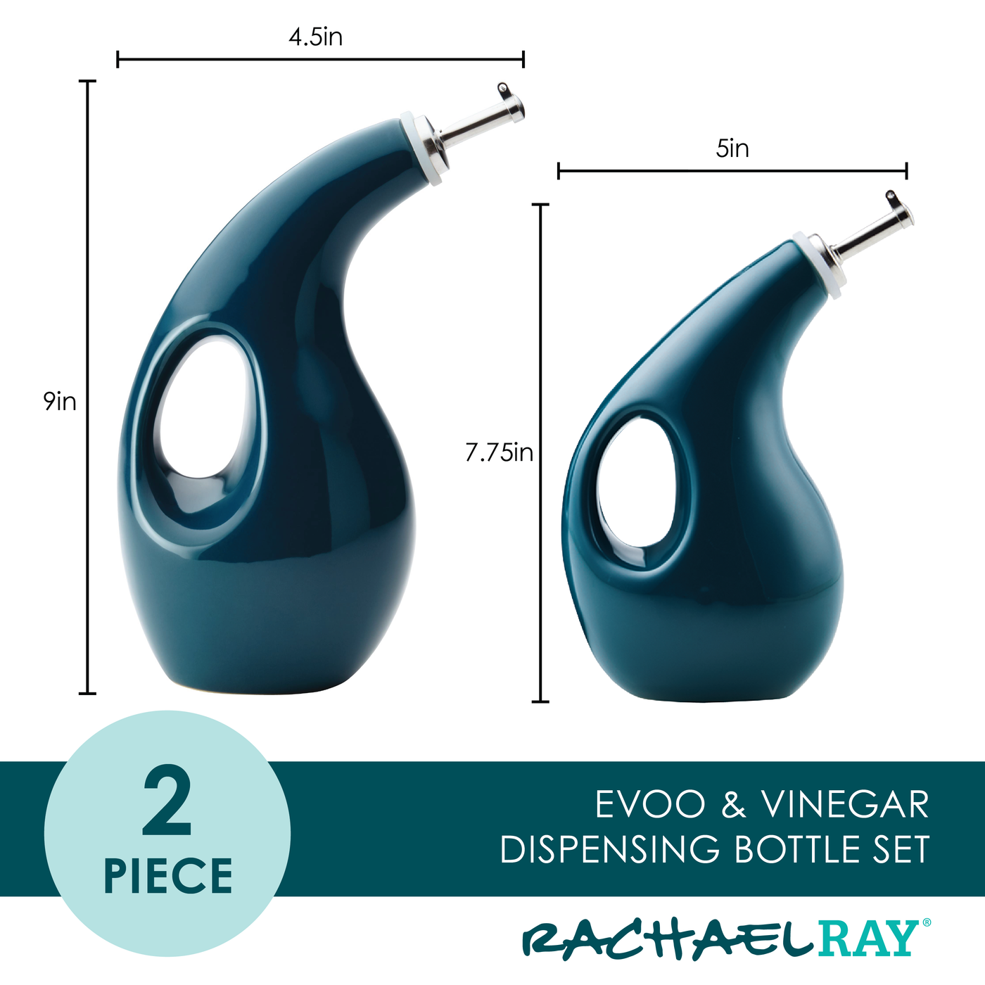 A set of two blue ceramic bottles for EVOO and vinegar, drawing inspiration from Rachael Ray, with their dimensions clearly labeled.