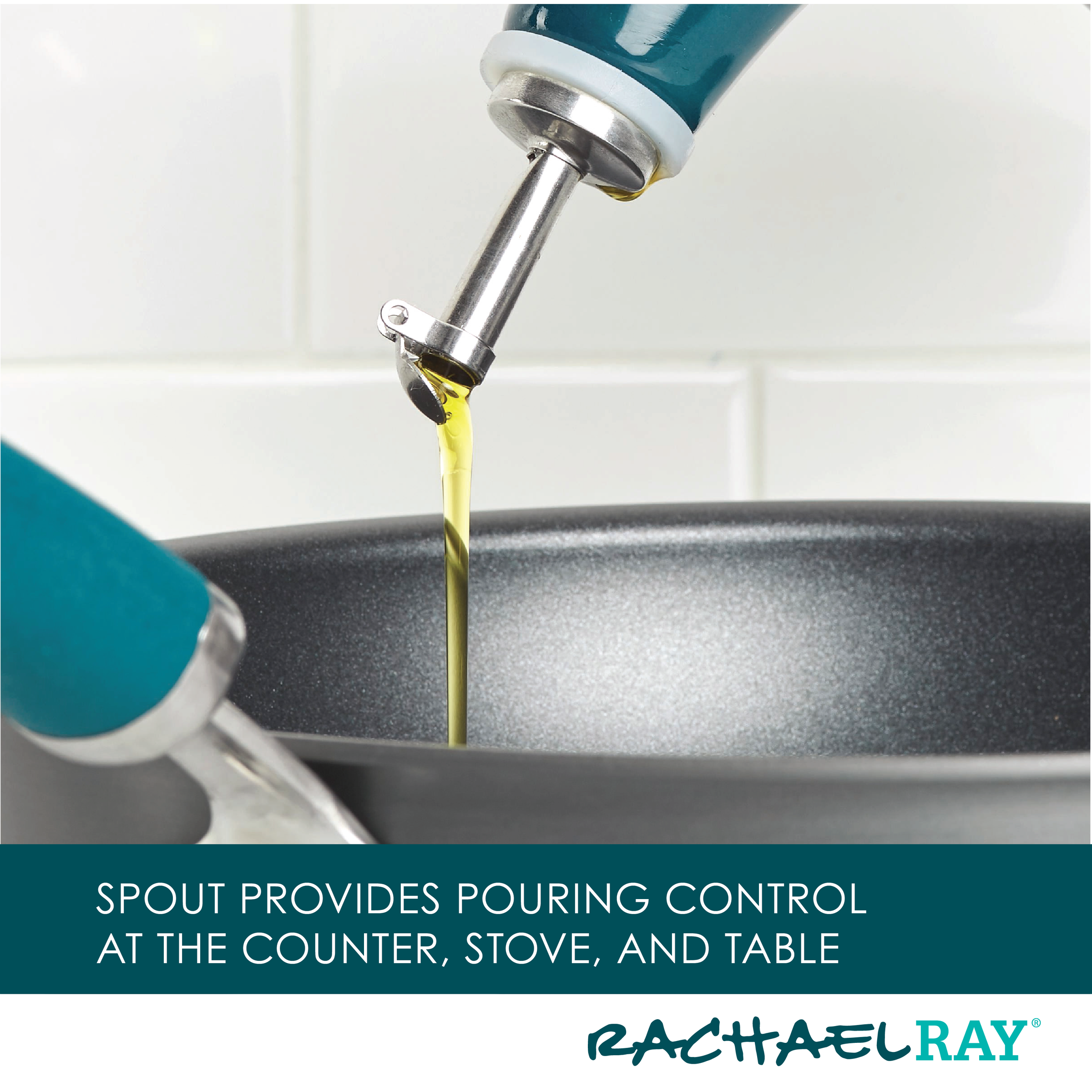 Against a backdrop of white tiles, a bottle from the 2-Piece EVOO and Vinegar Bottle Set dispenses oil gracefully into the pan.