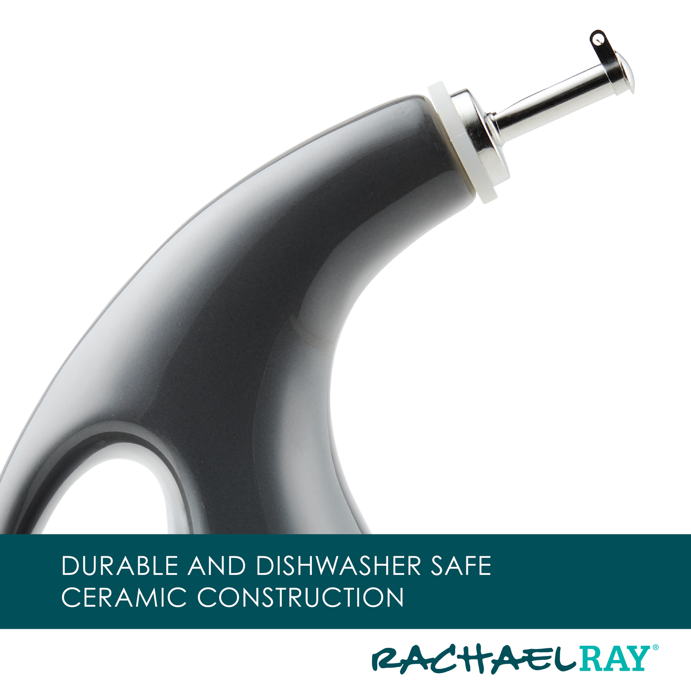 Close-up of a gray ceramic kitchen tool with a durable handle, reflecting the sleek design seen in the 2-Piece EVOO and Vinegar Bottle Set by Rachael Ray.