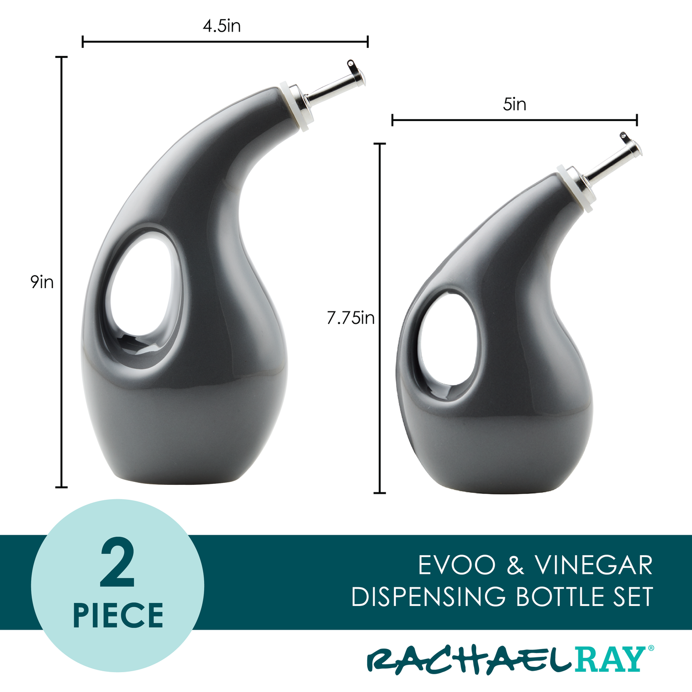 Two gray dispensing bottles of varying sizes featuring handle cutouts, similar to the elegant design seen in the 2-Piece EVOO and Vinegar Bottle Set by Rachael Ray.