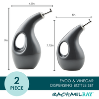 Two gray dispensing bottles of varying sizes featuring handle cutouts, similar to the elegant design seen in the 2-Piece EVOO and Vinegar Bottle Set by Rachael Ray.