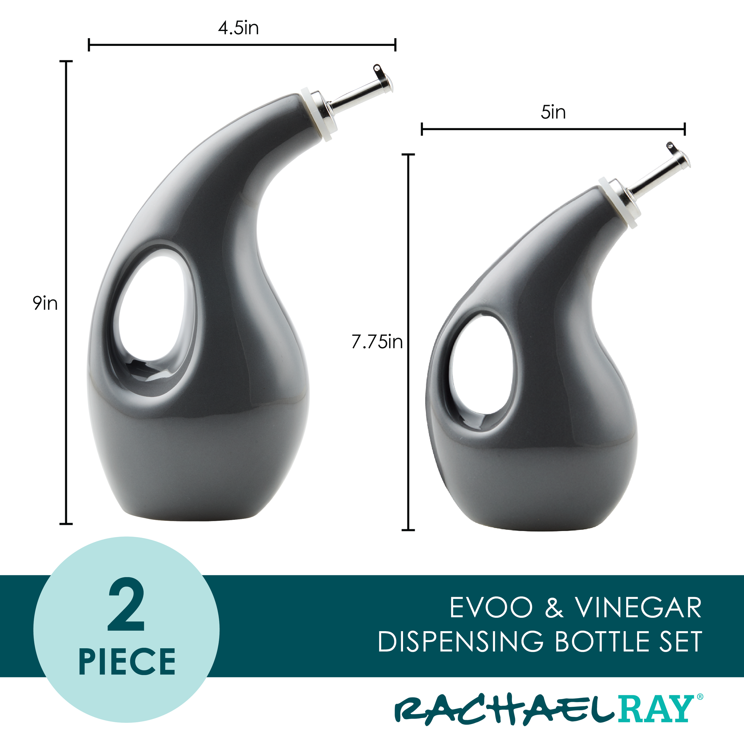Two gray dispensing bottles of varying sizes featuring handle cutouts, similar to the elegant design seen in the 2-Piece EVOO and Vinegar Bottle Set by Rachael Ray.