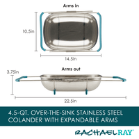 The 4.5 Quart Over-the-Sink Colander is built from stainless steel and includes expandable arms with teal handles, offering a balance of style and functionality.