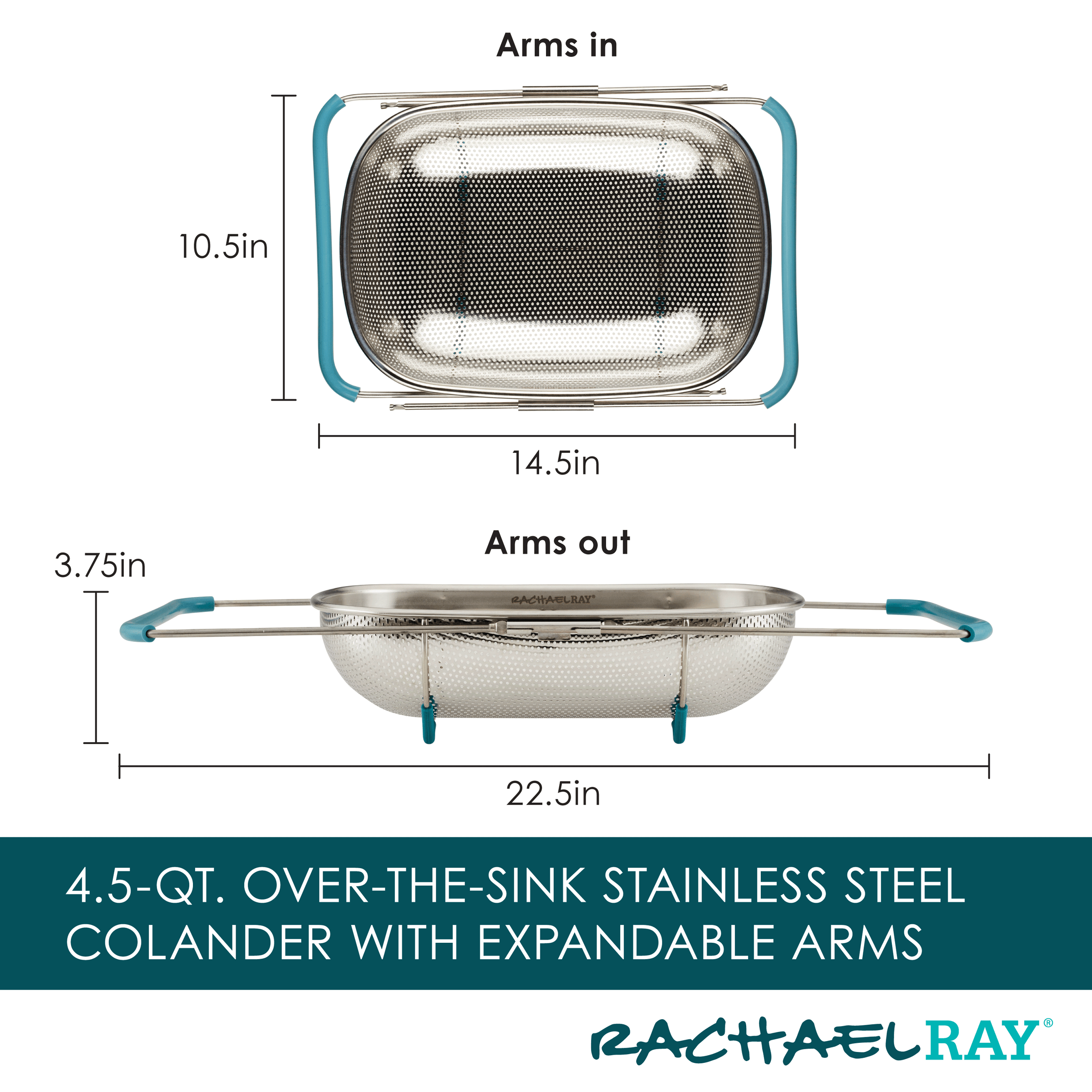 The 4.5 Quart Over-the-Sink Colander is built from stainless steel and includes expandable arms with teal handles, offering a balance of style and functionality.