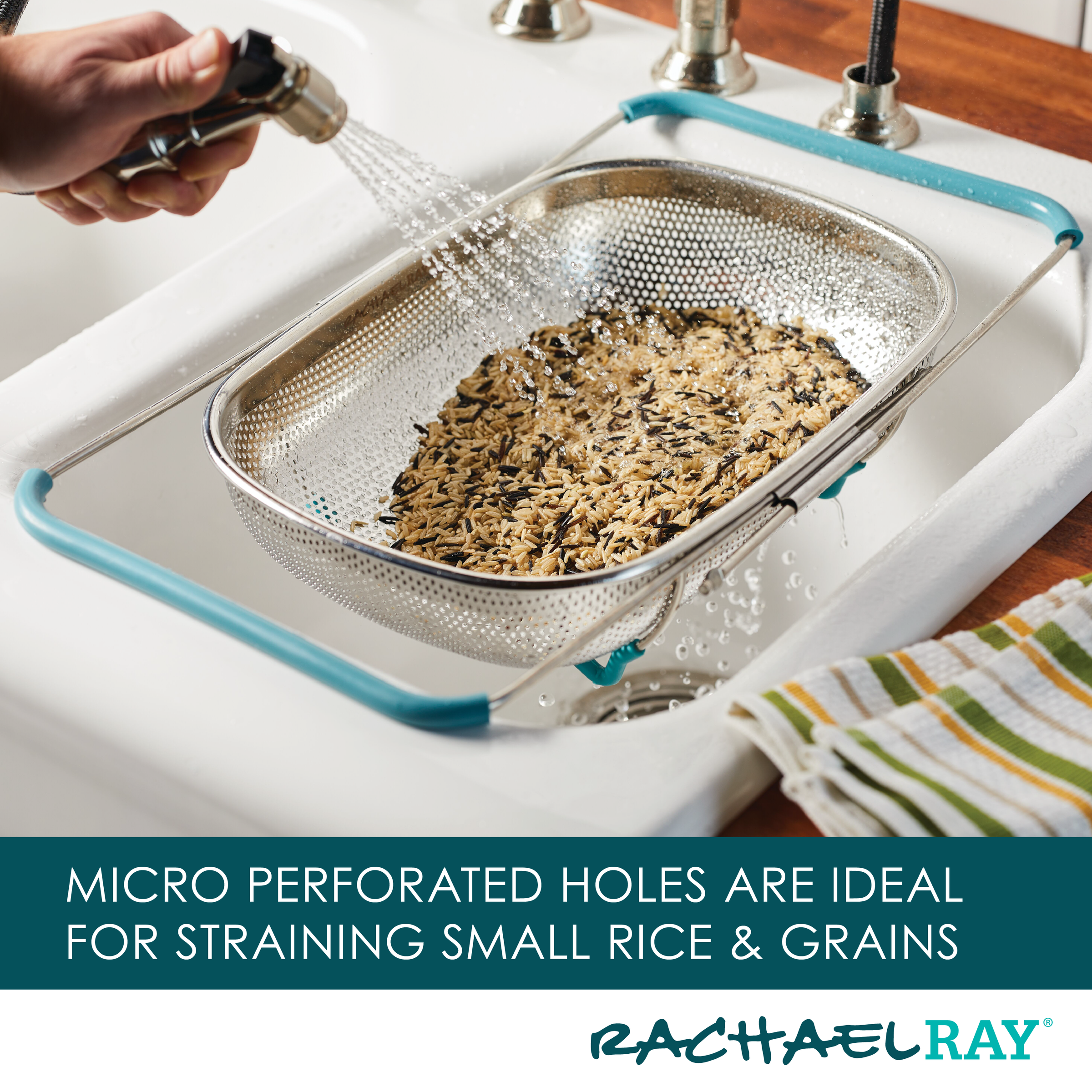 Use the 4.5 Quart Over-the-Sink Colander to hand rinse the rice over the sink, ensuring it's clean and ready for cooking.