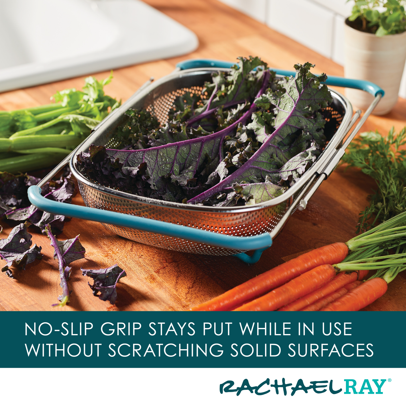 A 4.5 Quart Over-the-Sink Colander filled with vibrant vegetables rests on the kitchen counter, its expandable arms reaching gracefully toward the nearby sink.