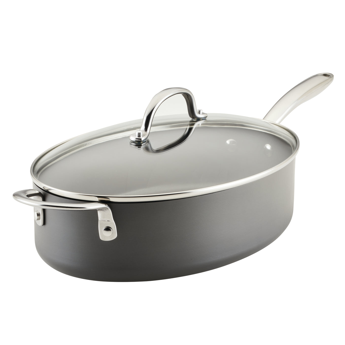 5-Quart Professional Hard Anodized Nonstick Oval Sauté Pan with Lid, featuring a glass lid and metal handle, ideal for preparing pasta on the stove top.
