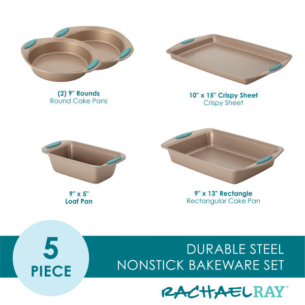 The 5-Piece Nonstick Bakeware Set is expertly crafted and includes round, crispy, loaf, and rectangle pans made from heavy gauge steel to ensure superior heat distribution.