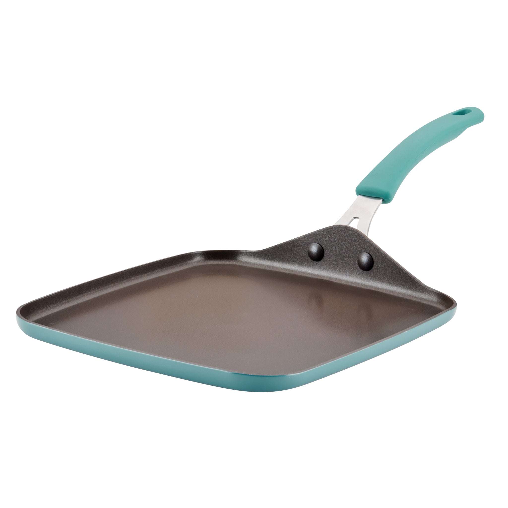 11-Inch Cook + Create Nonstick Square Griddle Pan with a teal handle on a white background, crafted from thicker gauge aluminum for enhanced stovetop performance.