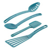 The 4-Piece Kitchen Tool Set, featuring four teal utensils made from nonstick-friendly nylon, is displayed on a white background. These dishwasher-safe tools effortlessly combine style and functionality for your kitchen.