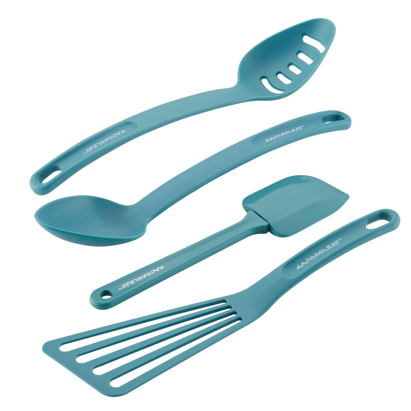 The 4-Piece Kitchen Tool Set, featuring four teal utensils made from nonstick-friendly nylon, is displayed on a white background. These dishwasher-safe tools effortlessly combine style and functionality for your kitchen.