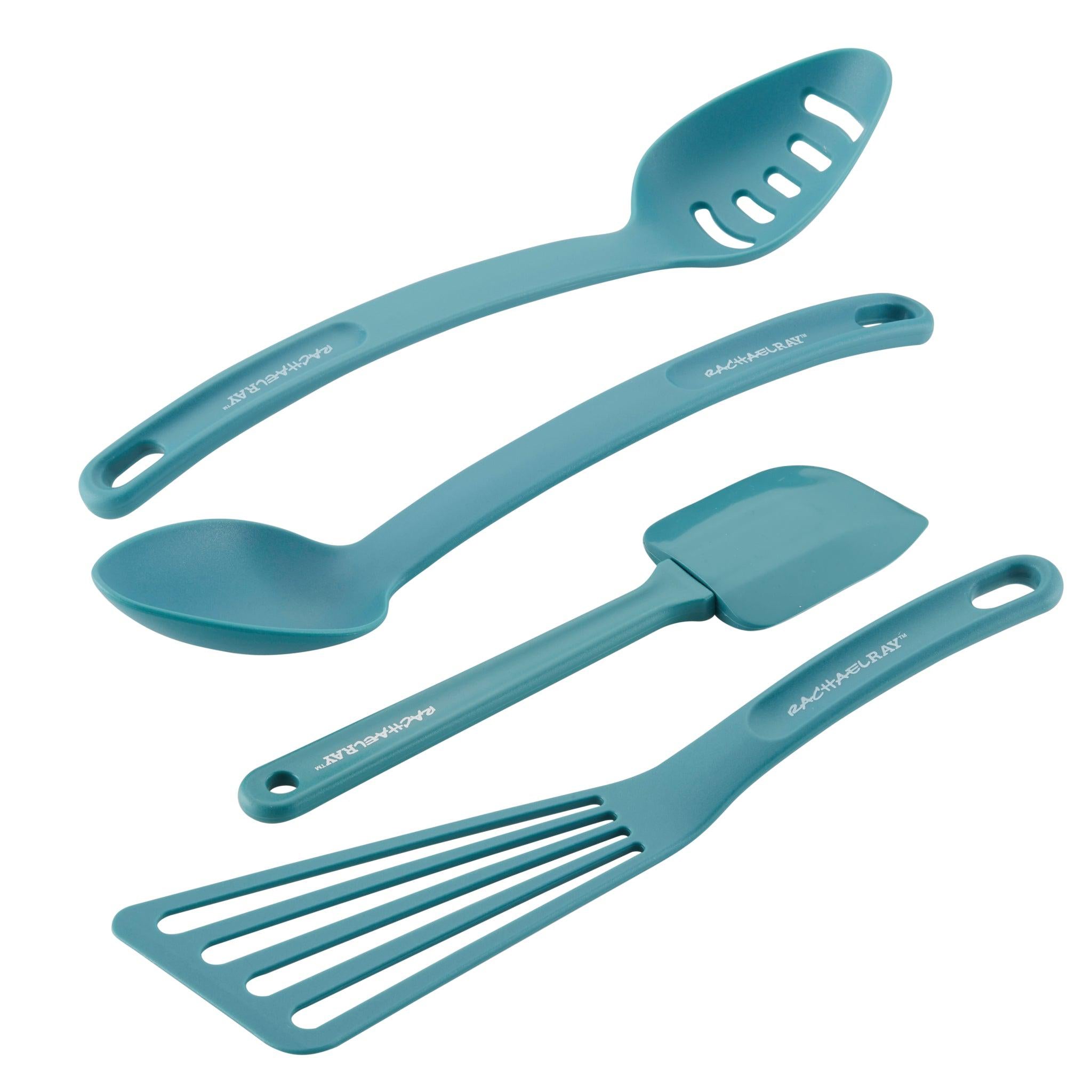 The 4-Piece Kitchen Tool Set, featuring four teal utensils made from nonstick-friendly nylon, is displayed on a white background. These dishwasher-safe tools effortlessly combine style and functionality for your kitchen.