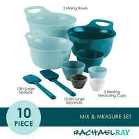 The 10-Piece Mix, Measure, and Utensil Set includes essential kitchen items like mixing bowls, spatulas, and measuring cups, elegantly displayed for your culinary adventures.
