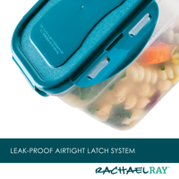 Introducing the 20-Piece Nestable Storage Containers, highlighted by a blue lid, a 4-hinge locking mechanism, and its signature "leak-proof airtight latch system.