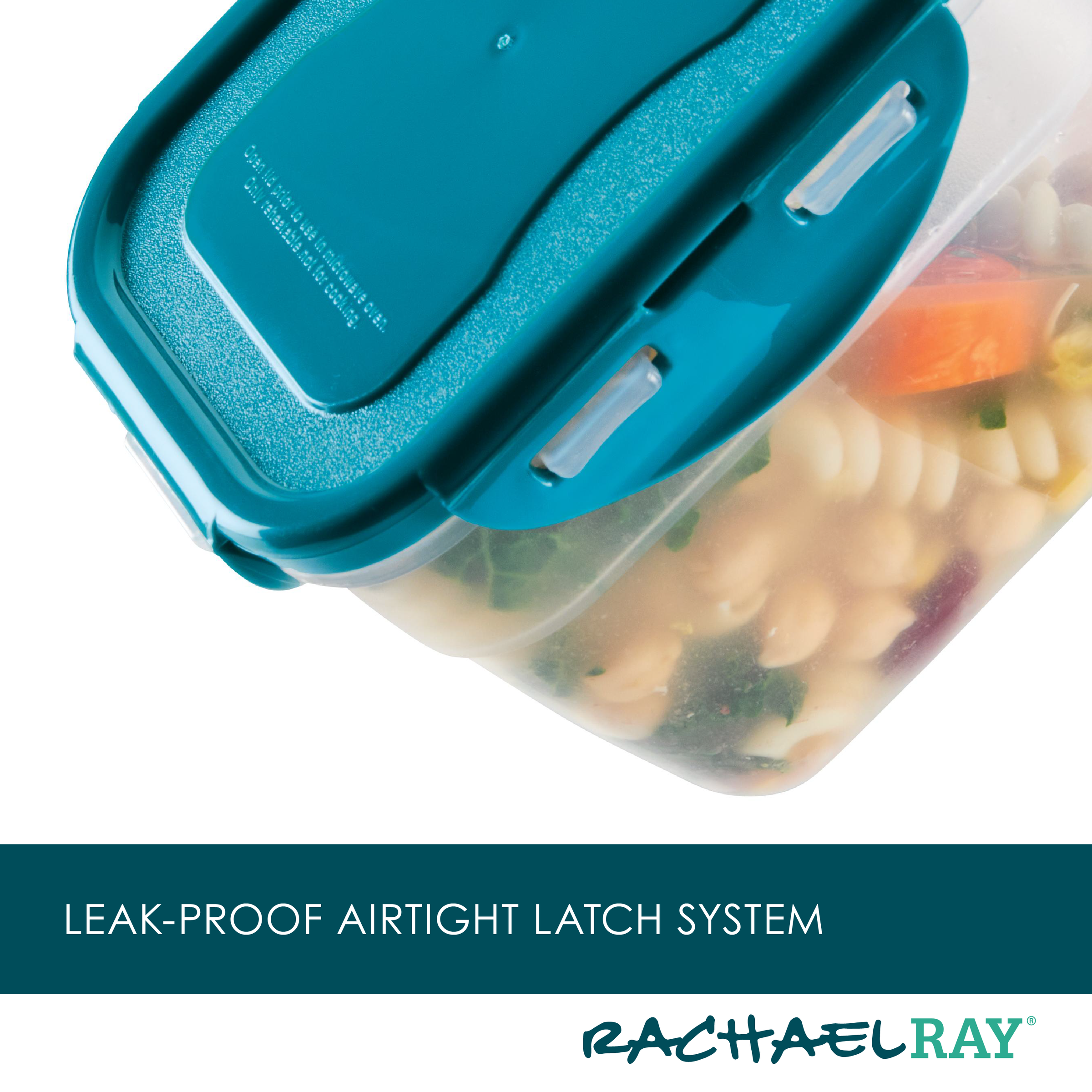 Introducing the 20-Piece Nestable Storage Containers, highlighted by a blue lid, a 4-hinge locking mechanism, and its signature "leak-proof airtight latch system.