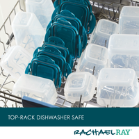 The 20-Piece Nestable Storage Containers, featuring a 4-hinge locking system, are neatly arranged in the dishwasher's top rack.