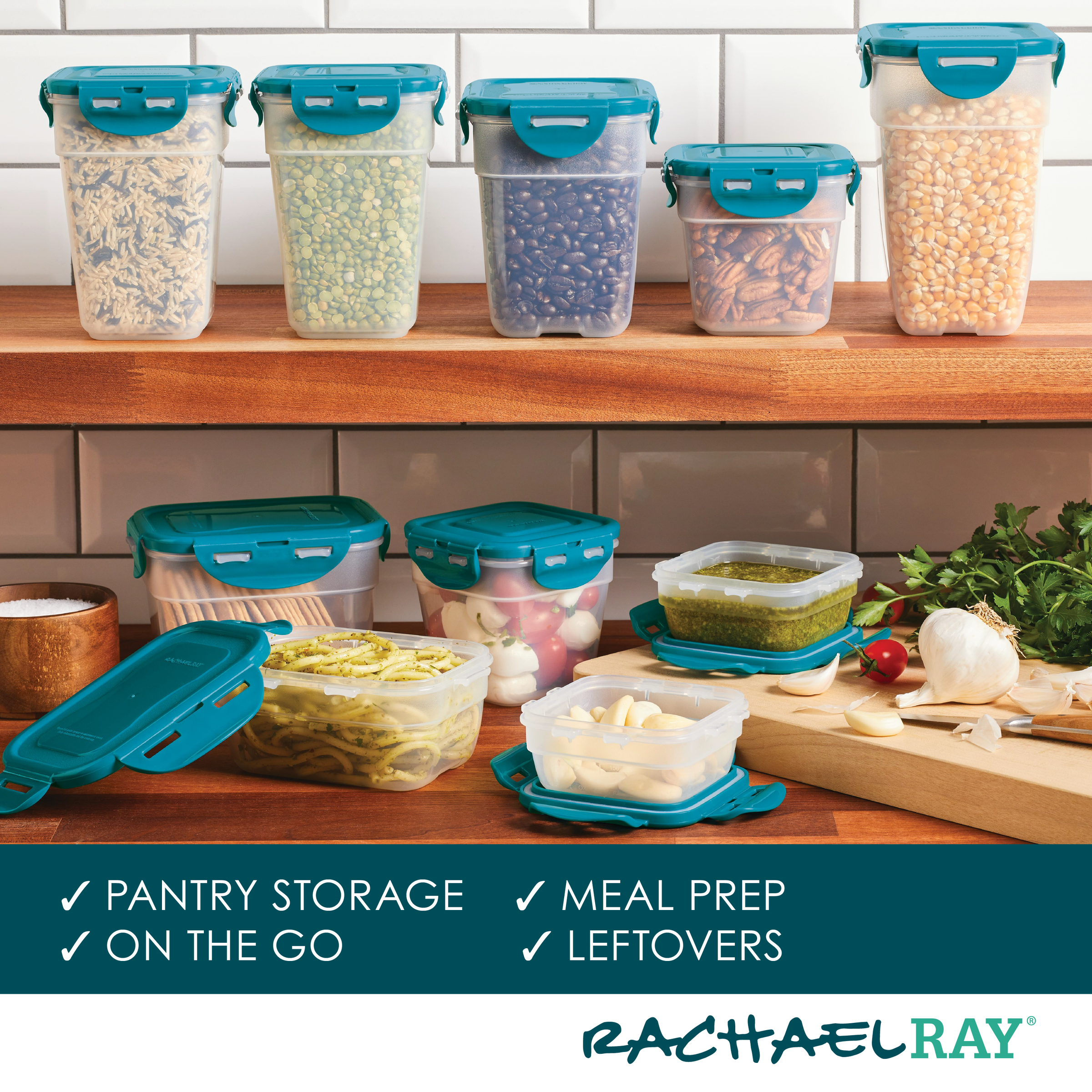 The 20-Piece Nestable Storage Containers with a 4-hinge locking system are neatly arranged on the kitchen countertop.