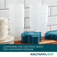 The 20-Piece Nestable Storage Containers are stacked neatly on the countertop, with their lids secured using the 4-hinge locking systems.