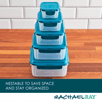 The 10-Piece Square Nestable Food Storage Containers, featuring a sleek design with blue lids, are stacked neatly on the wooden countertop. Made from BPA-free material and equipped with a 4-hinge locking system, they ensure freshness and safety for all your kitchen essentials.