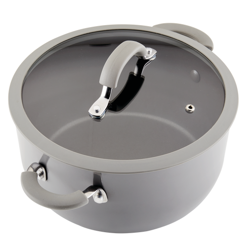 5-Quart Cook + Create Nonstick Dutch Oven with Lid, featuring a gray finish, glass lid, and two side handles, ideal for stove-to-oven recipes.