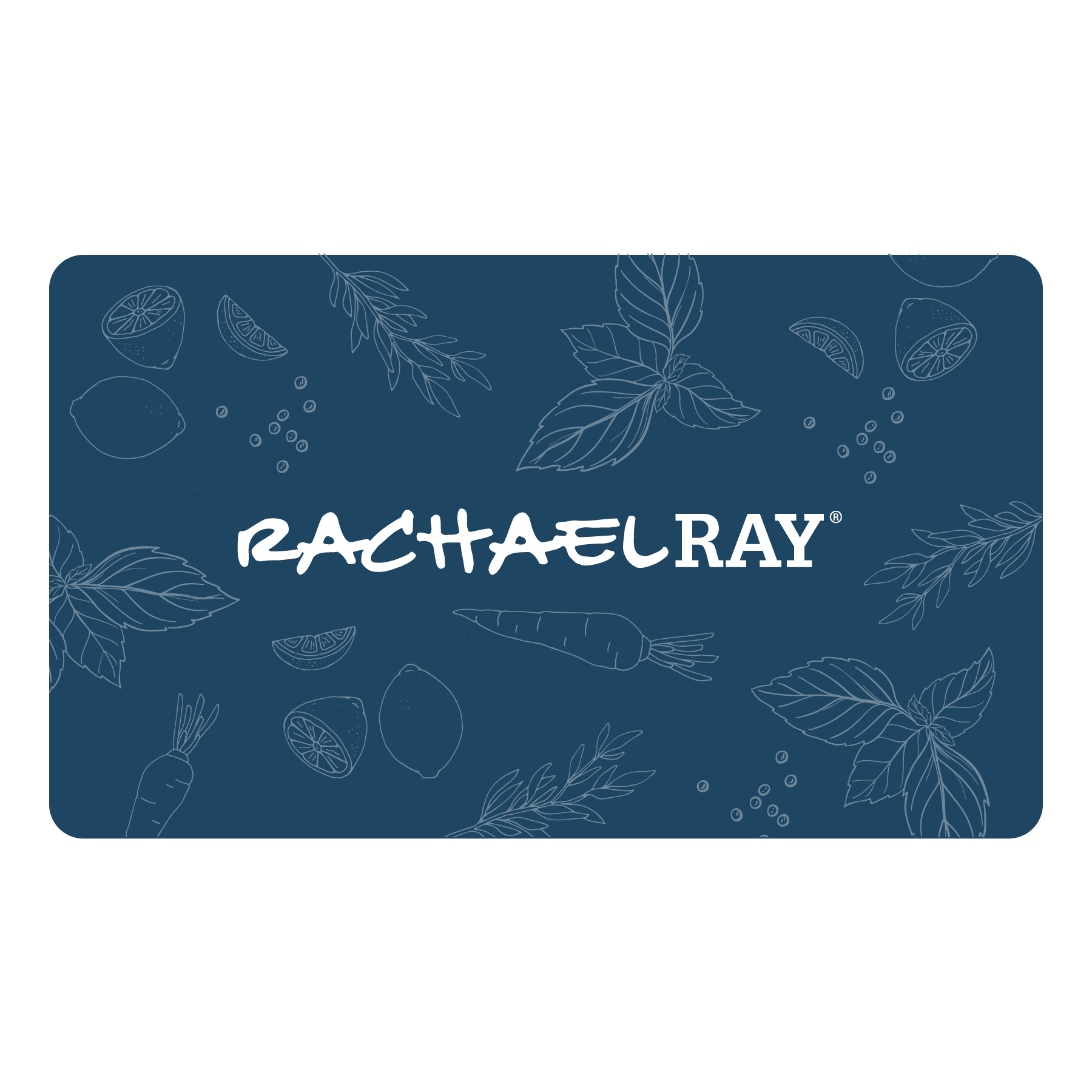 A blue design showcasing the "Rachael Ray" logo, decorated with illustrated herbs and vegetables. Ideal as a RachaelRay.com Gift Card, providing the recipient with the gift of choice. Redeemable at checkout to delight any culinary enthusiast.