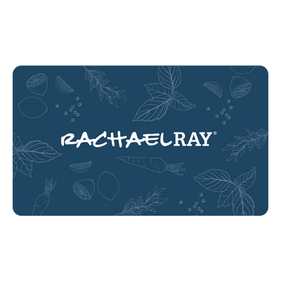 A blue design showcasing the "Rachael Ray" logo, decorated with illustrated herbs and vegetables. Ideal as a RachaelRay.com Gift Card, providing the recipient with the gift of choice. Redeemable at checkout to delight any culinary enthusiast.