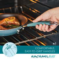 Hand holding a pan with salmon in an oven; text highlighting the 10-Piece Cucina Nonstick Cookware Set from Rachael Ray, featuring easy-to-grip handles and durable nonstick surfaces.