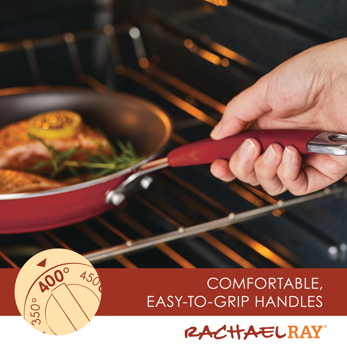 A hand carefully slides a pan from the 10-Piece Cucina Nonstick Cookware Set, with an espresso-colored finish and rubberized stainless steel handles, securely into the oven with cooked food.