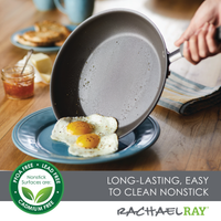 Espresso-colored frying pan from the 10-Piece Cucina Nonstick Cookware Set, complete with rubberized stainless steel handles and showcasing perfectly fried eggs with a visible promotional label.