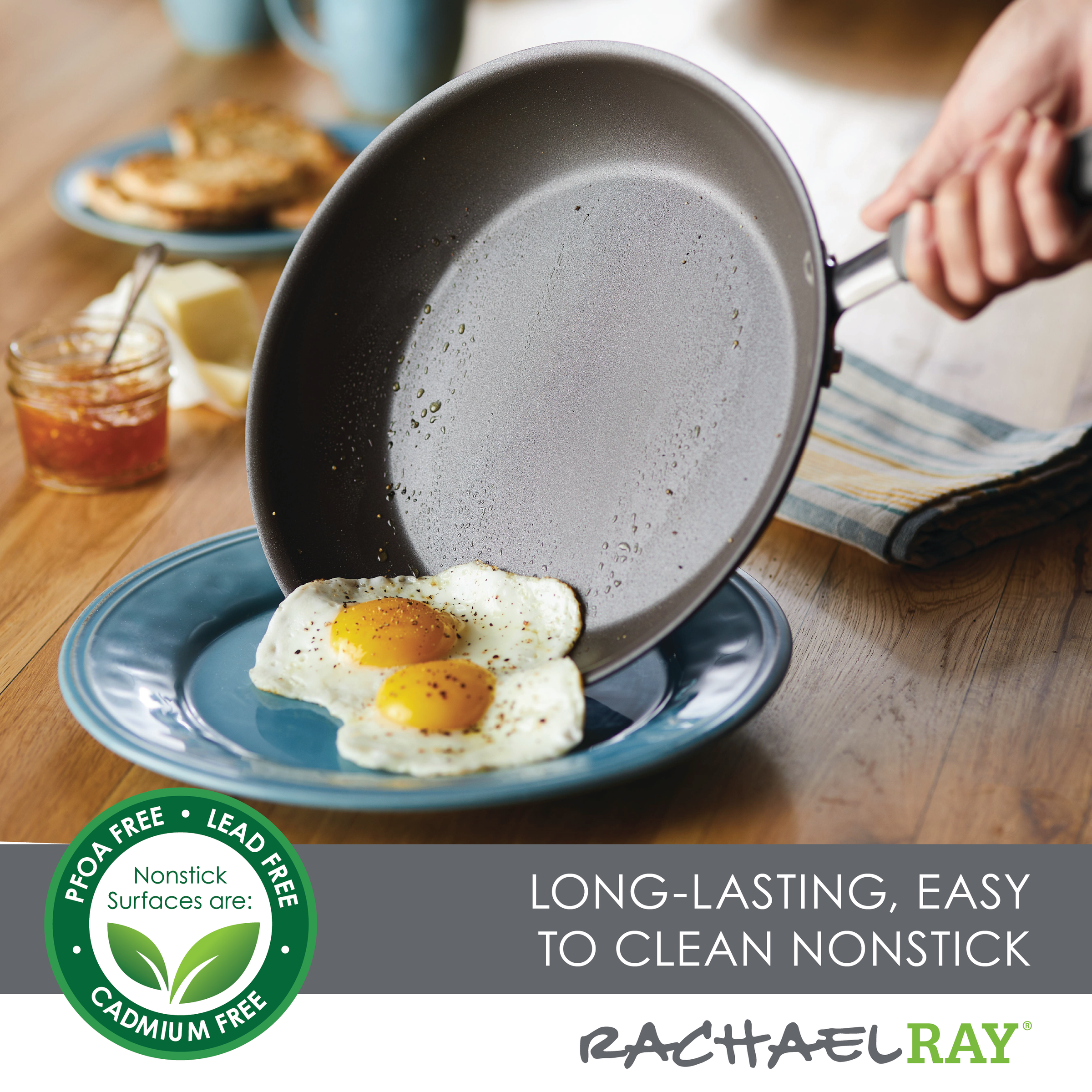 Espresso-colored frying pan from the 10-Piece Cucina Nonstick Cookware Set, complete with rubberized stainless steel handles and showcasing perfectly fried eggs with a visible promotional label.