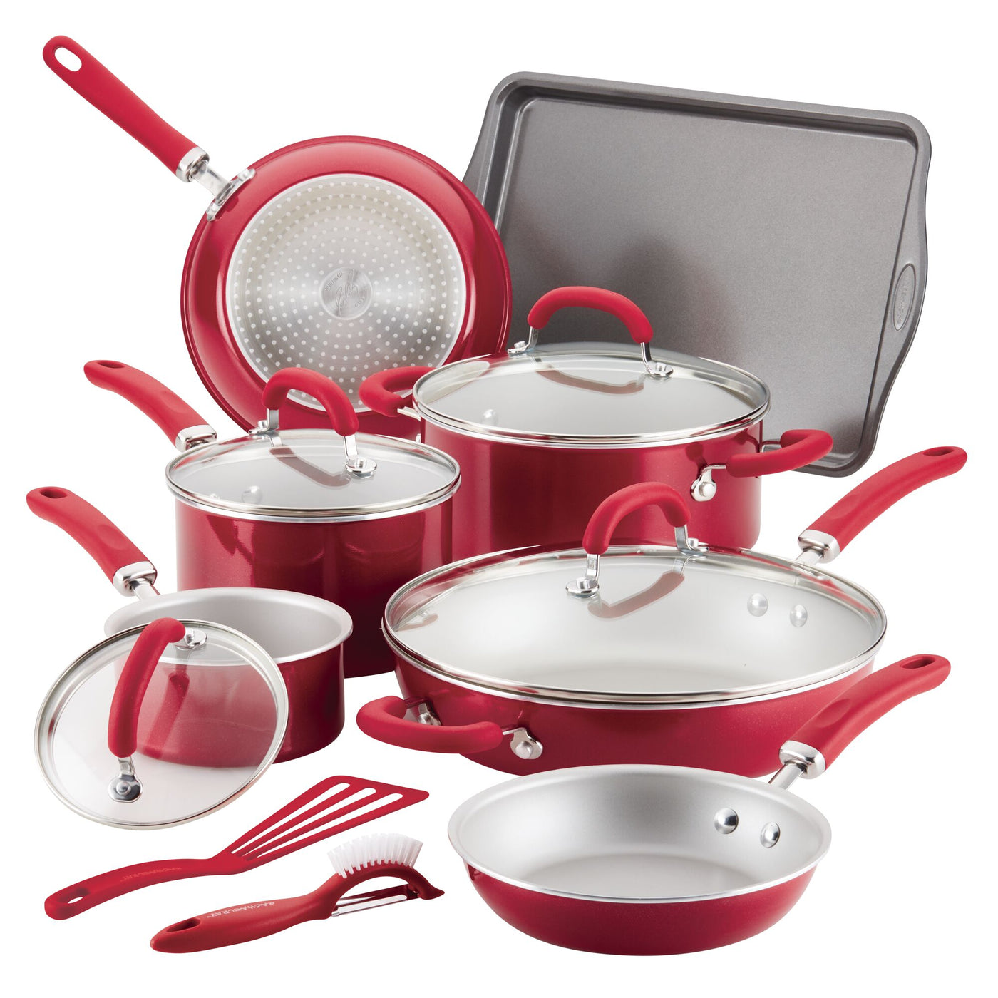 13-Piece Nonstick Induction Cookware Set in red, includes lids, utensils & tray.