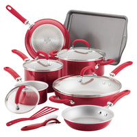 13-Piece Nonstick Induction Cookware Set in red, includes lids, utensils & tray.