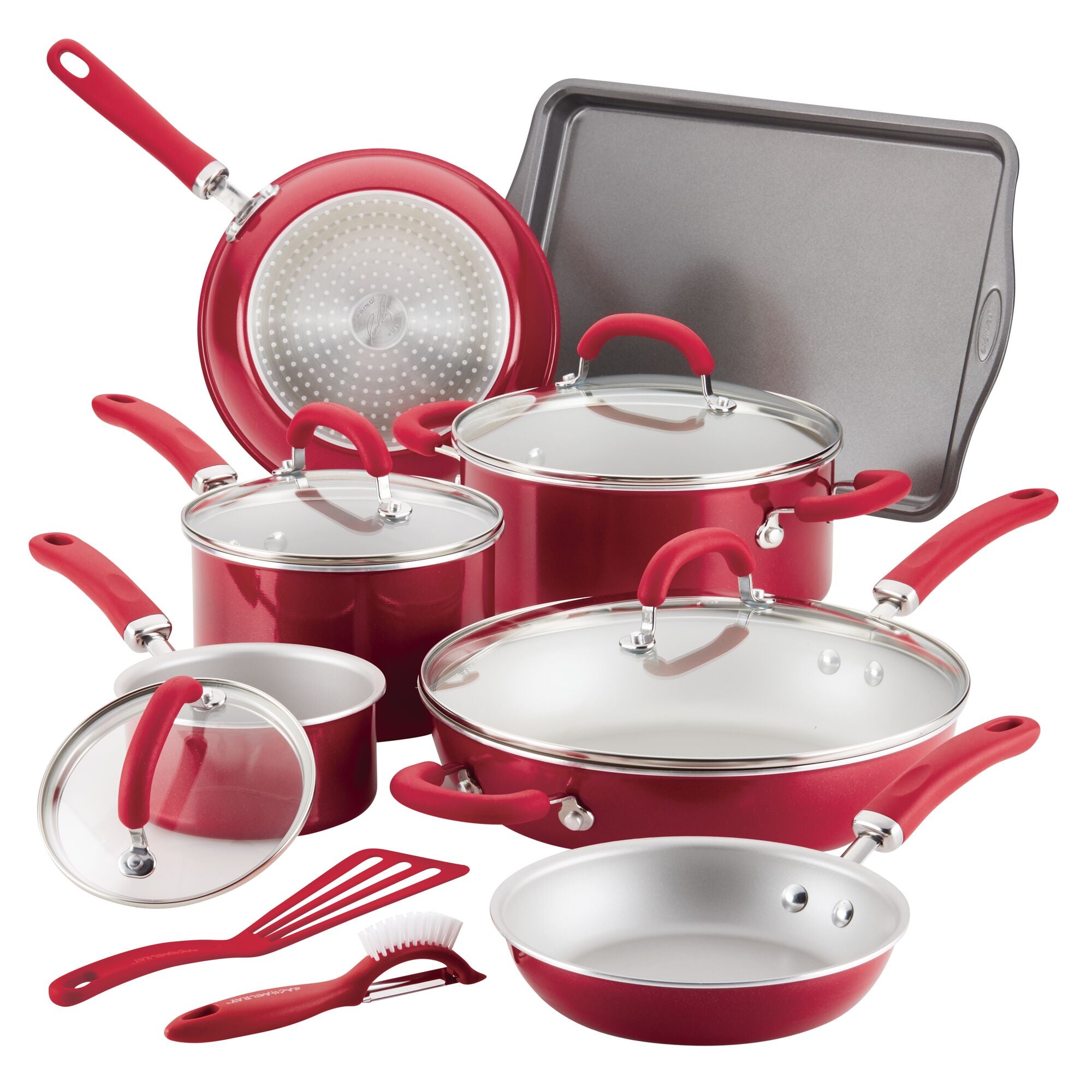13-Piece Nonstick Induction Cookware Set in red, includes lids, utensils & tray.