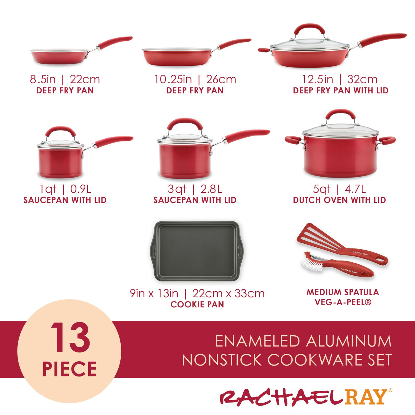 13-Piece Nonstick Induction Cookware Set with red enameled pots and pans.