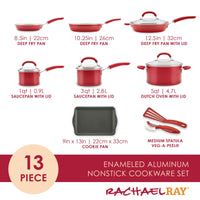 13-Piece Nonstick Induction Cookware Set with red enameled pots and pans.