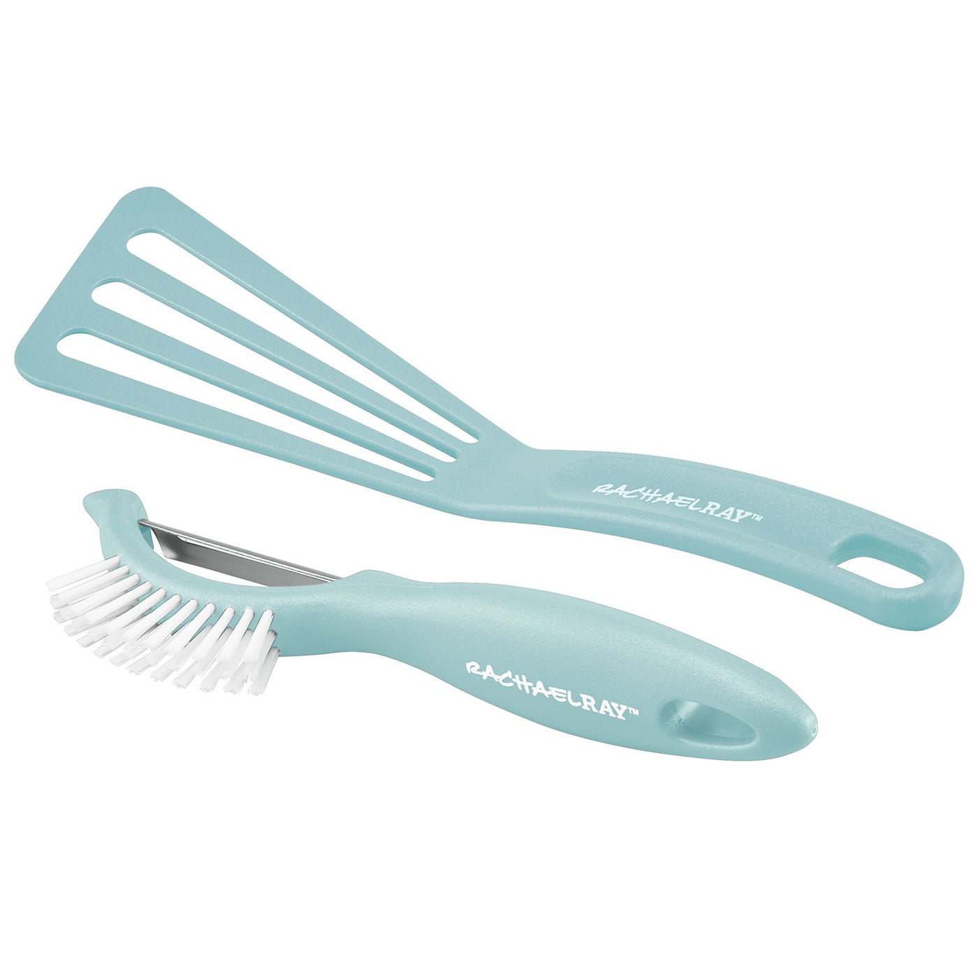 Teal spatula and brush from the 13-Piece Nonstick Induction Cookware Set.