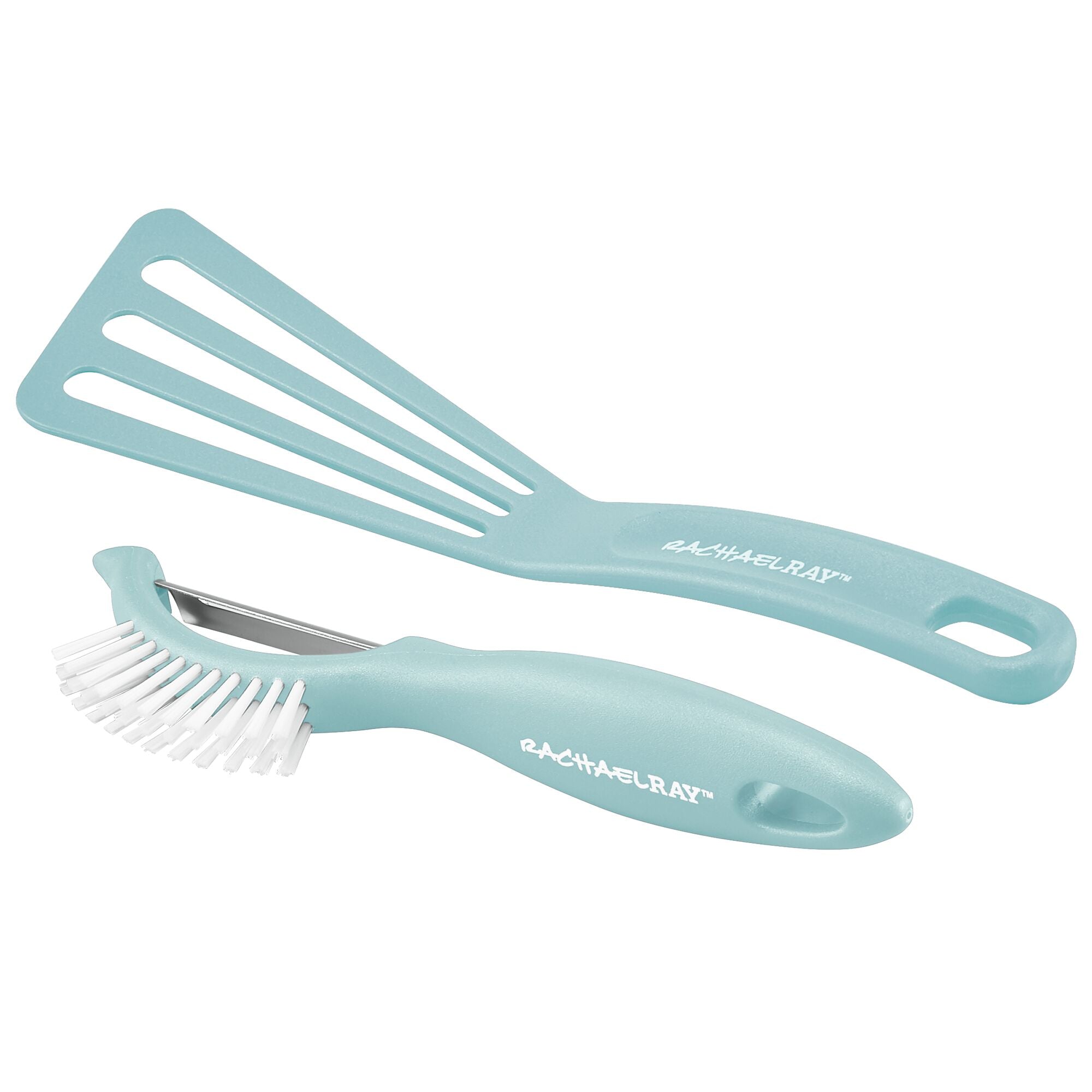 Teal spatula and brush from the 13-Piece Nonstick Induction Cookware Set.
