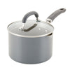 3-Quart Nonstick Induction Straining Saucepan with glass lid and black handle.