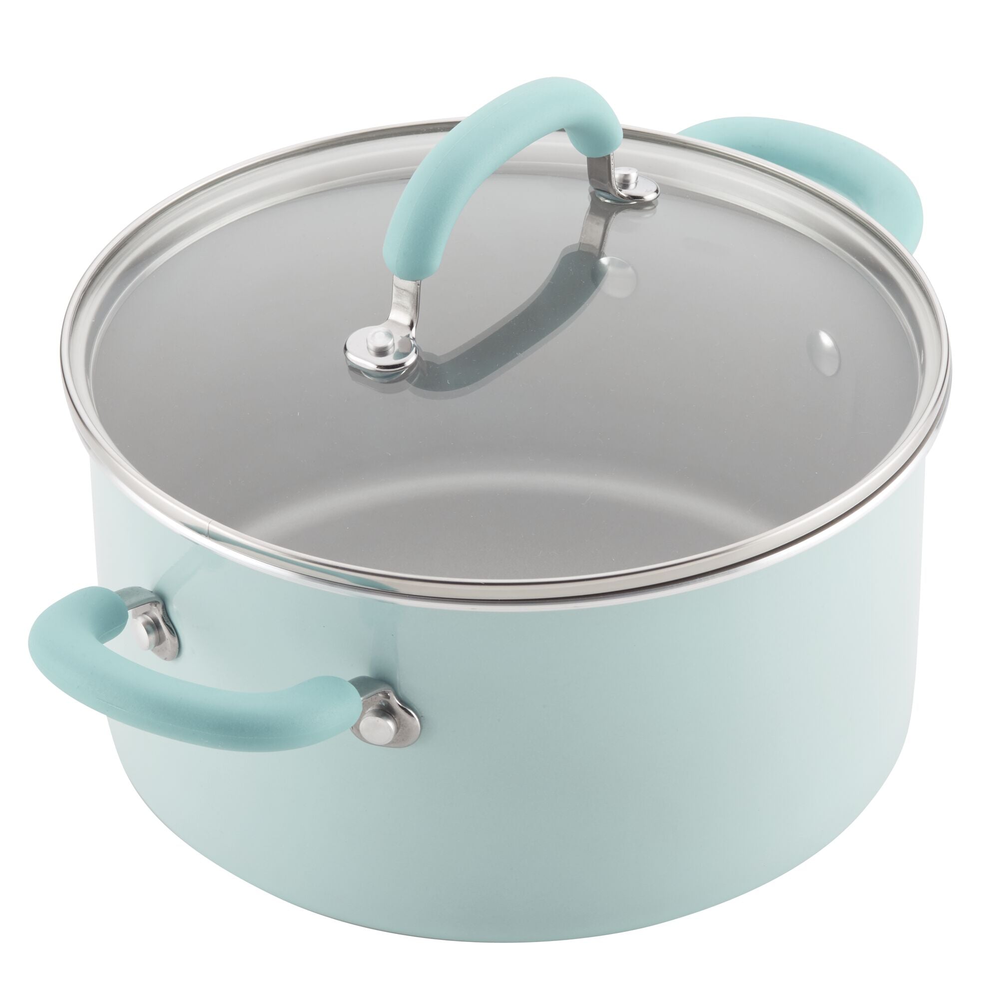 Light blue 13-piece nonstick induction cookware set with glass lids, dishwasher safe.