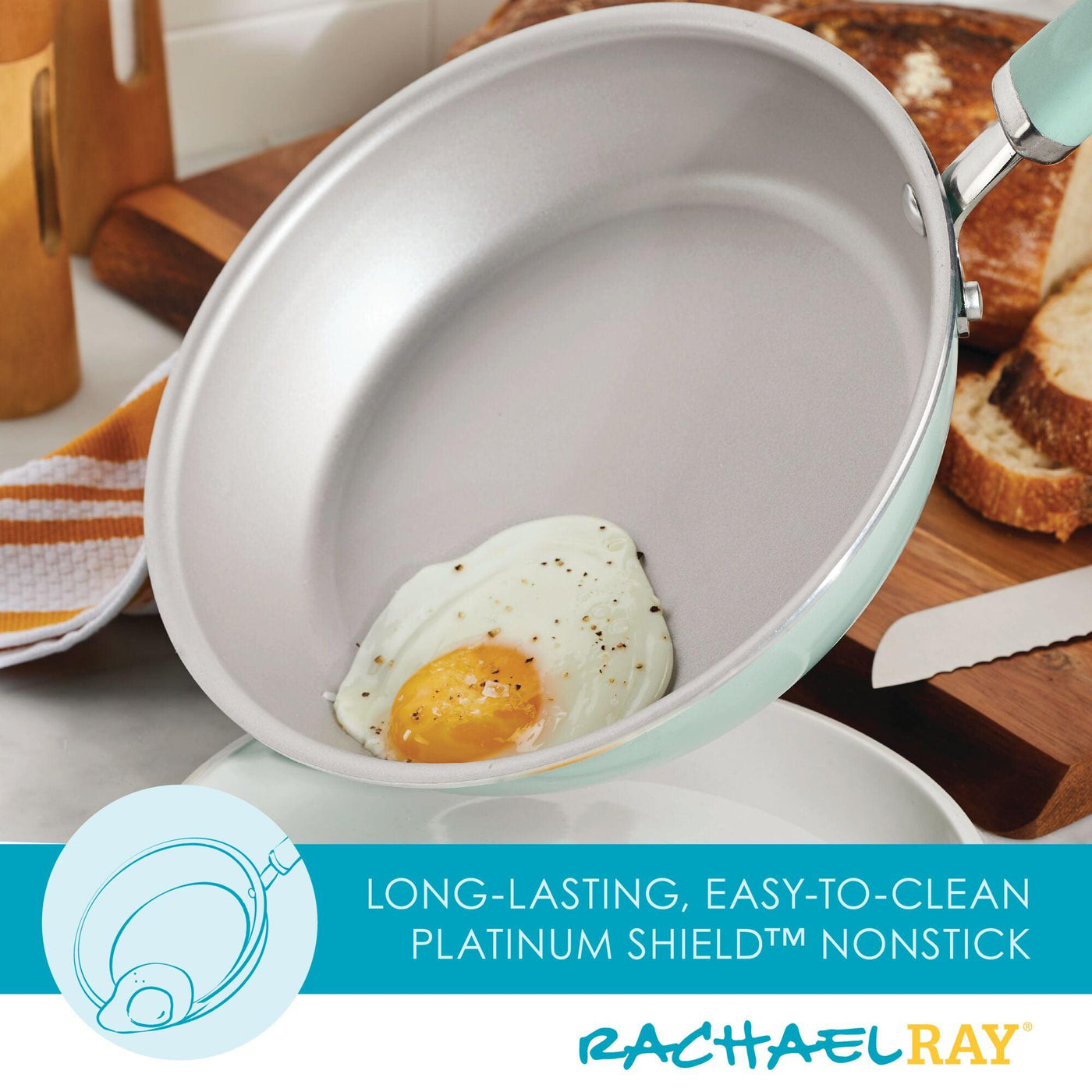 Fried egg in a 13-Piece Nonstick Induction Cookware Set frying pan with text.