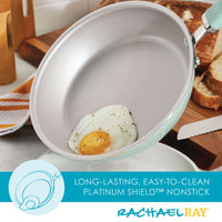 Fried egg in a 13-Piece Nonstick Induction Cookware Set frying pan with text.