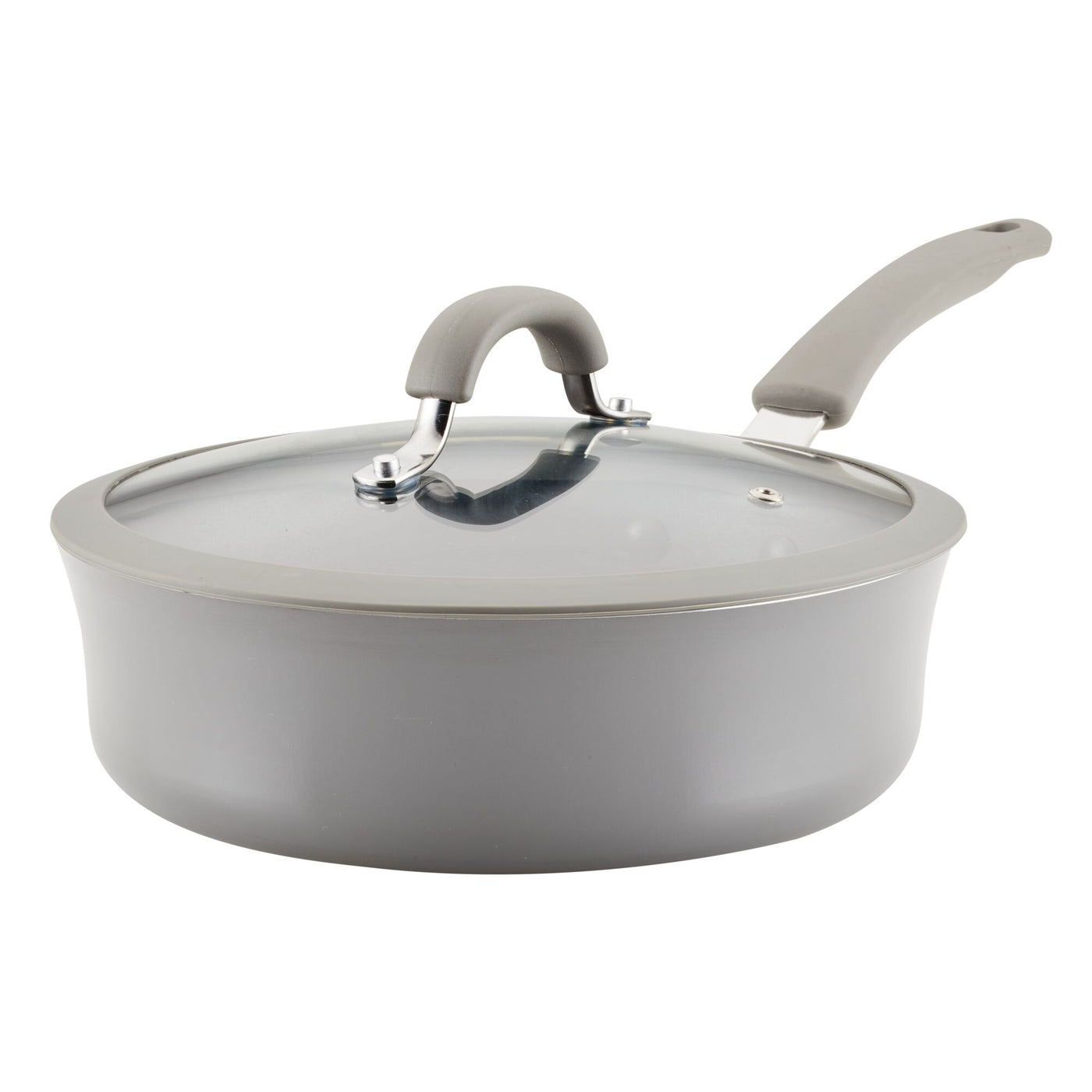 3-Quart Cook + Create Nonstick Sauté Pan with Lid, featuring a gray nonstick surface and a glass lid along with a gray handle, ideal for hassle-free cooking and ensuring even heat distribution. Oven safe for diverse culinary creations.