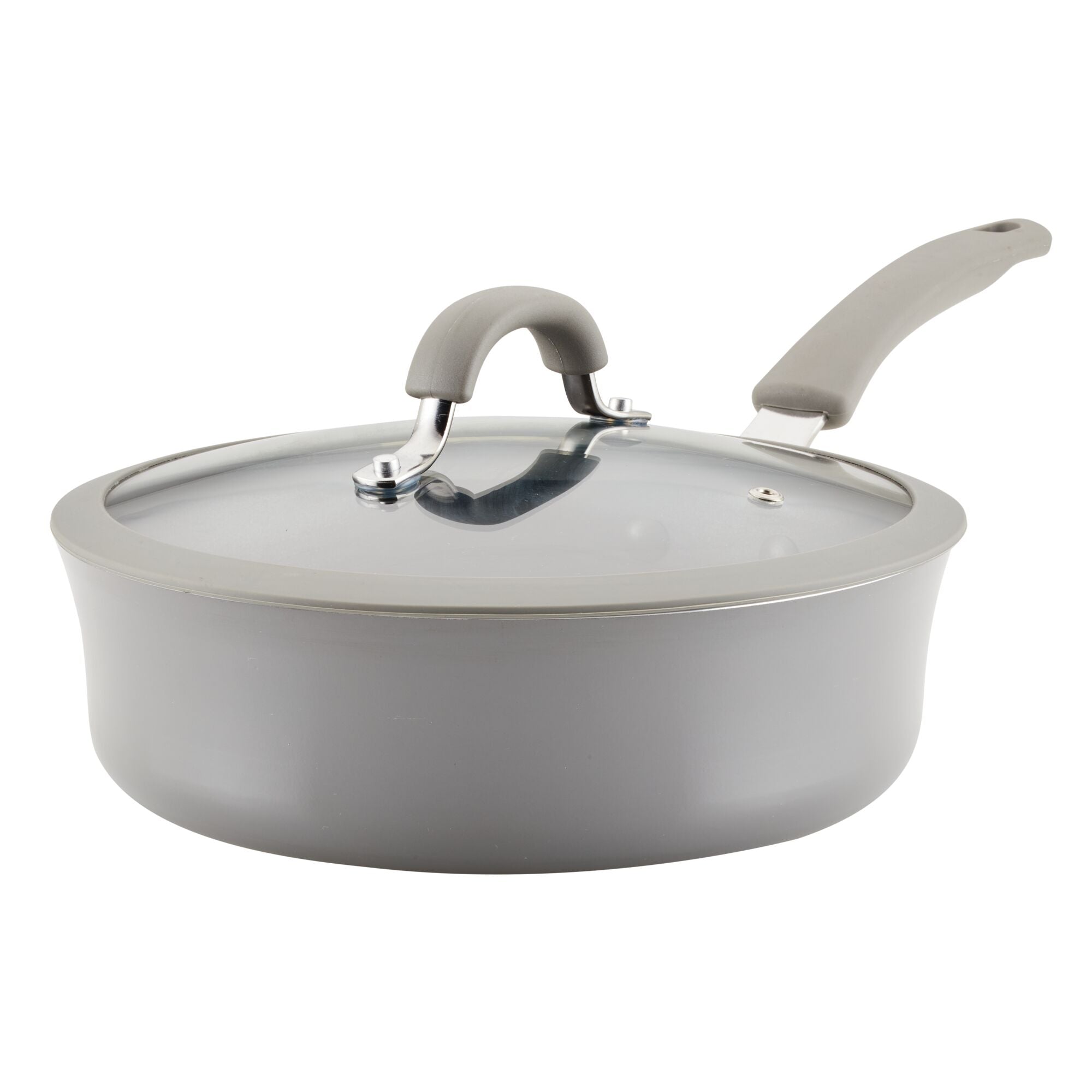3-Quart Cook + Create Nonstick Sauté Pan with Lid, featuring a gray nonstick surface and a glass lid along with a gray handle, ideal for hassle-free cooking and ensuring even heat distribution. Oven safe for diverse culinary creations.
