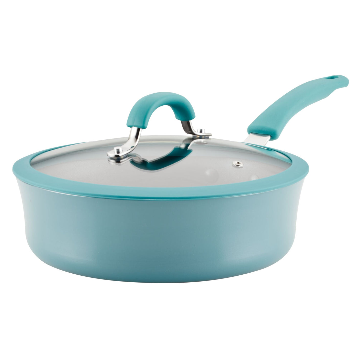 A 3-quart Cook + Create nonstick sauté pan in teal, featuring a matching handle and glass lid, ideal for oven-safe cooking.