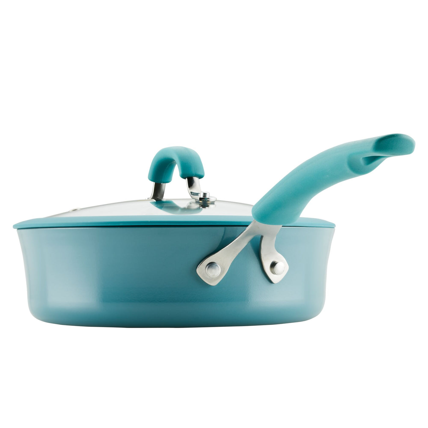 3-Quart Cook + Create Nonstick Sauté Pan with Lid in blue, featuring a handle, set against a white background—ideal for sautéing.