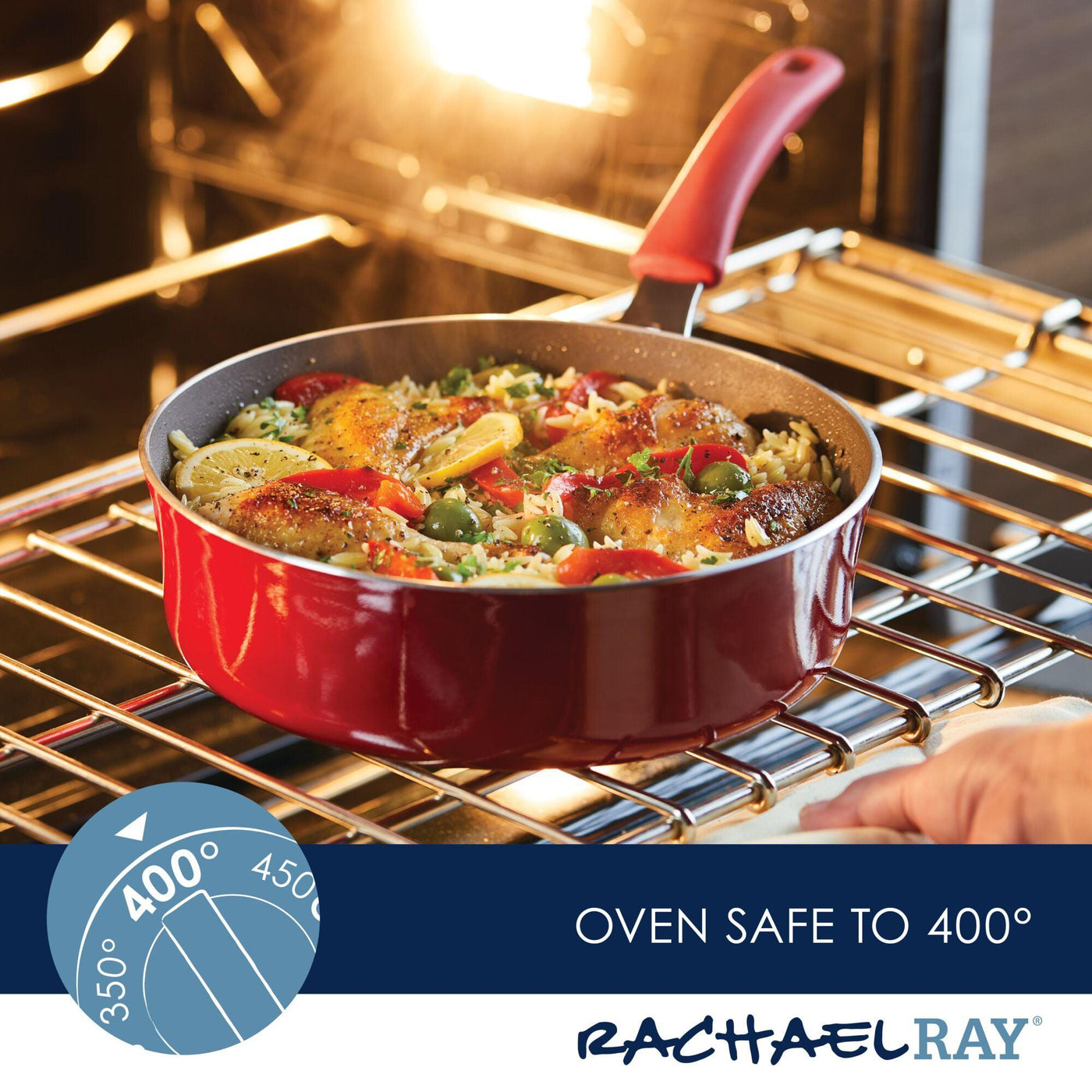 3-Quart Cook + Create Nonstick Sauté Pan with Lid in red, featuring a nonstick surface and labeled oven safe up to 400°F, shown with food on the oven rack.