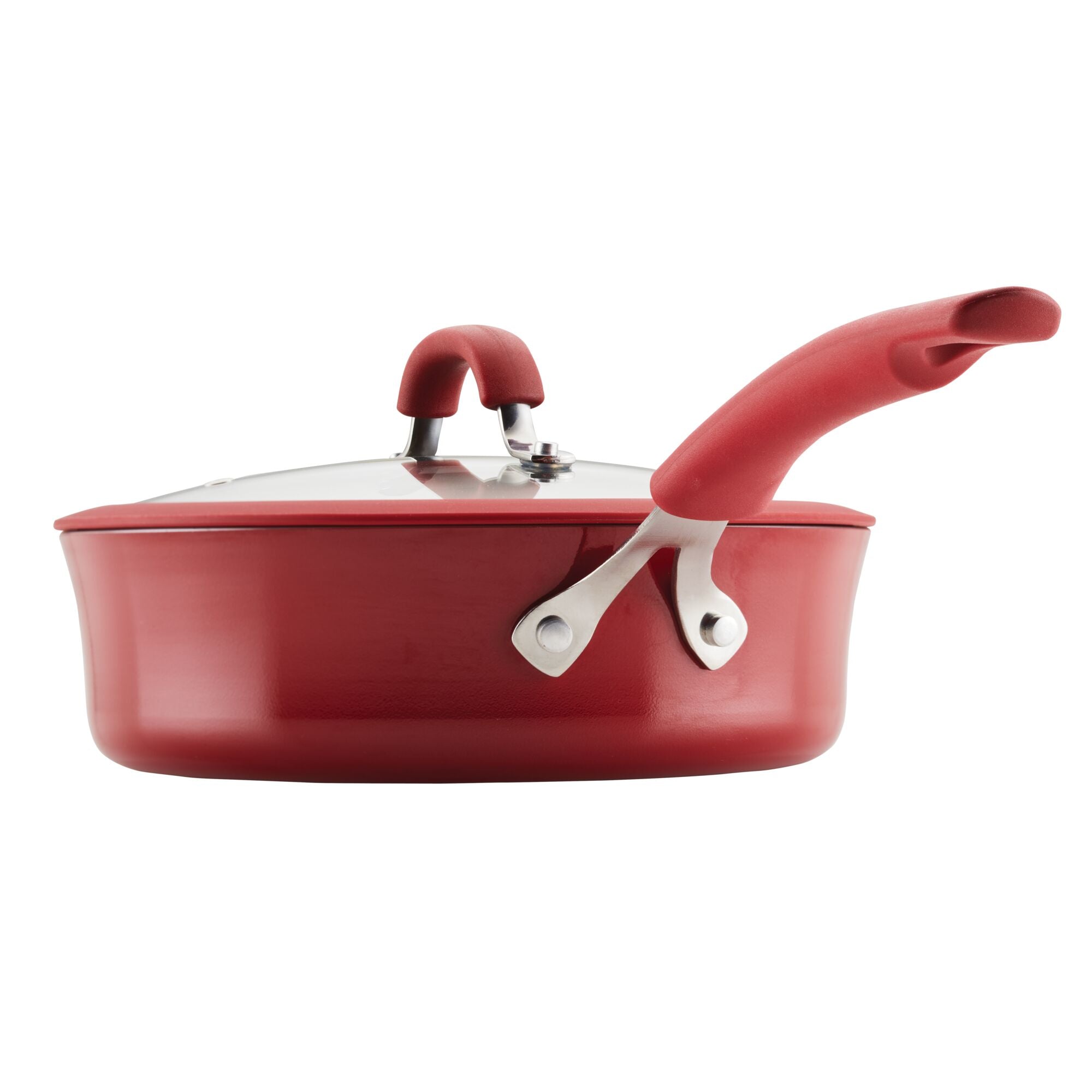 Introducing the 3-Quart Cook + Create Nonstick Sauté Pan with Lid, featuring a red exterior and handle. It's perfect for sautéing and is oven safe, offering versatile cooking options.