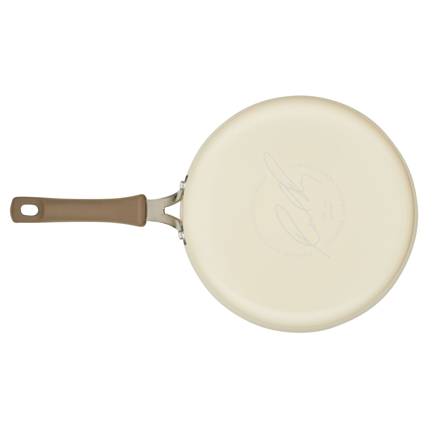 Top view of the 3-Quart Cook + Create Nonstick Sauté Pan with Lid, showcasing its beige color and brown handle, set against a white background.