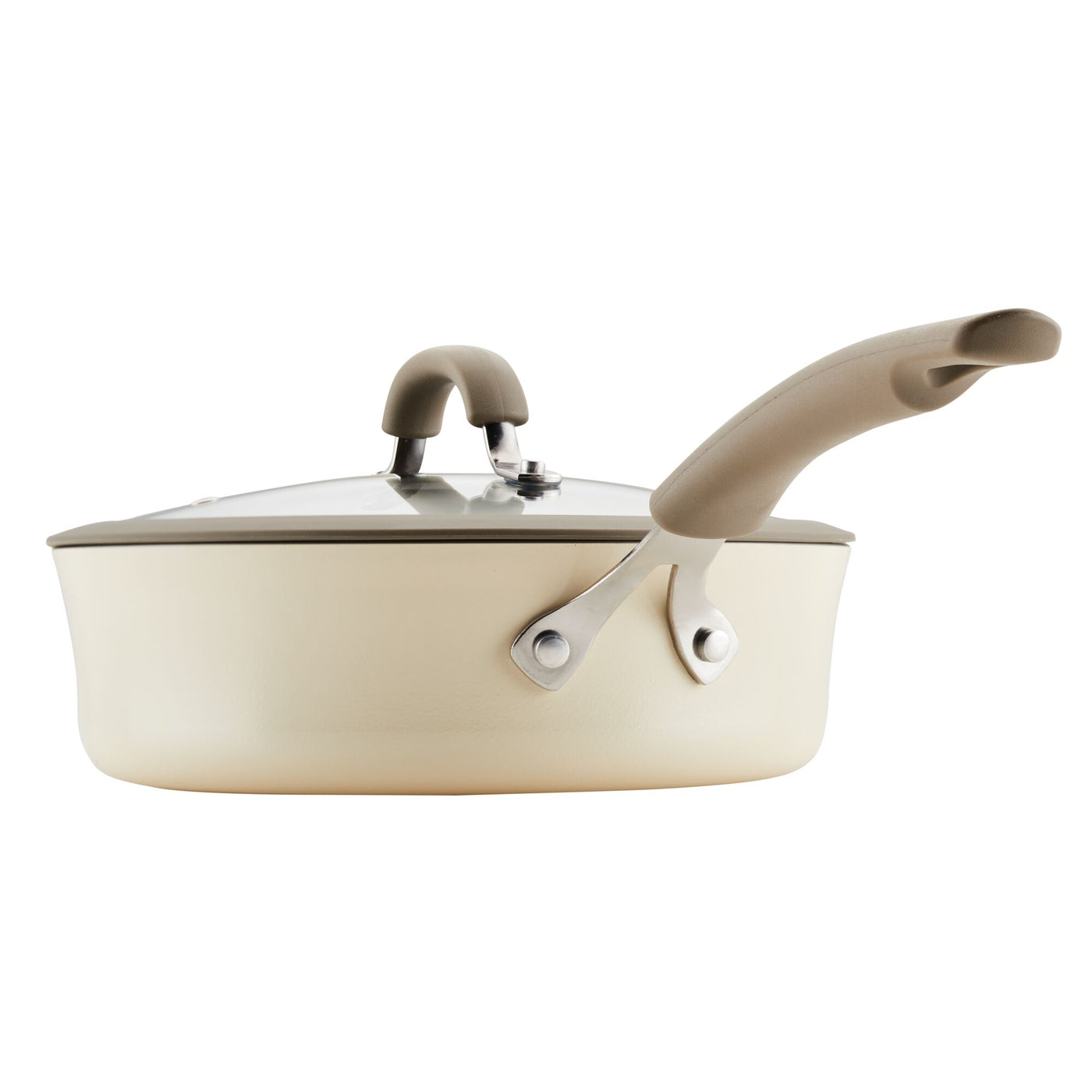 The 3-Quart Cook + Create Nonstick Sauté Pan with Lid, featuring a cream-colored finish and a beige handle, is perfect for sautéing. It’s crafted with a nonstick surface, making it oven safe and ideal for any culinary adventure, displayed on a white background.