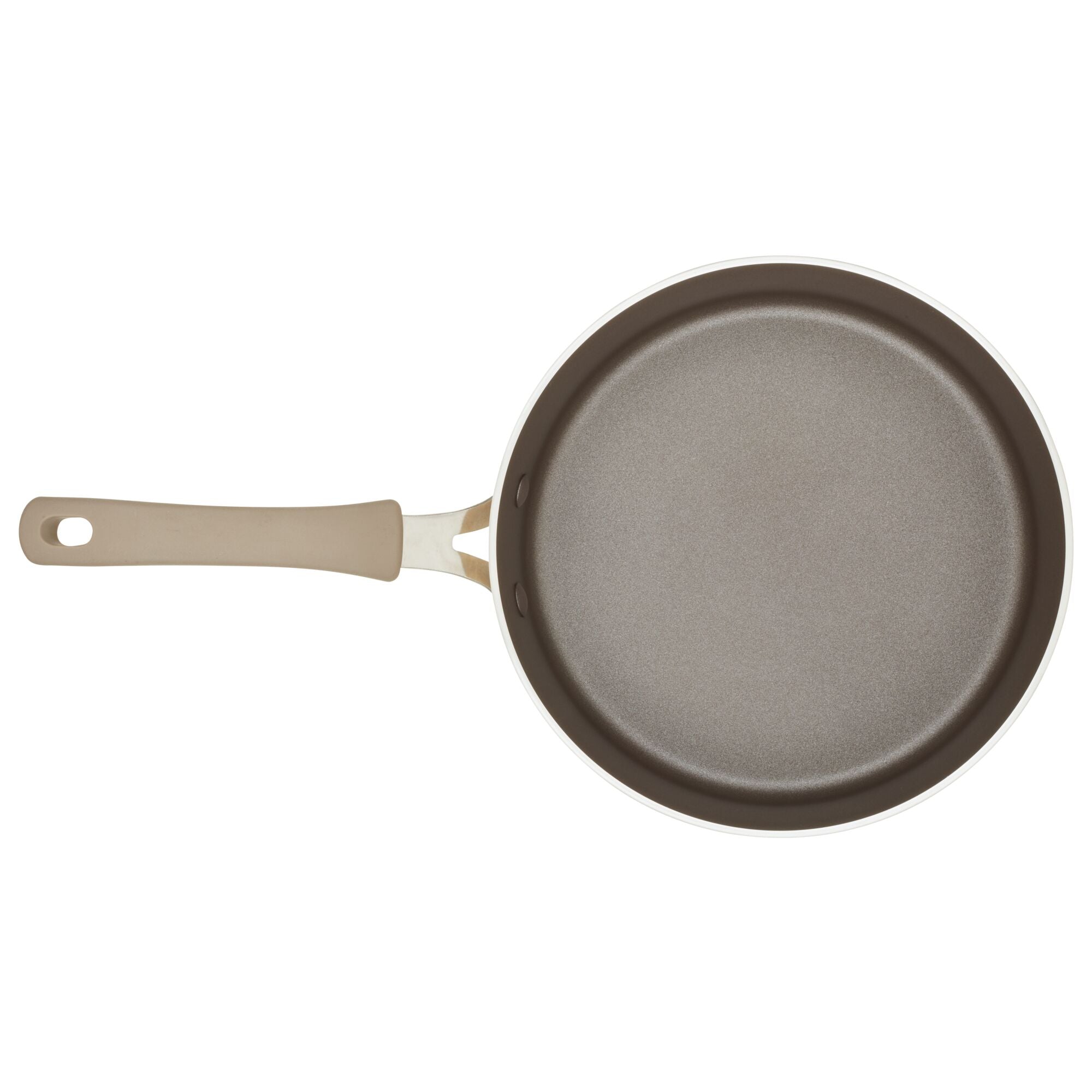 3-Quart Cook + Create Nonstick Sauté Pan with Lid, featuring a beige handle, as seen from above, ideal for sautéing and oven-safe to ensure versatile cooking options.